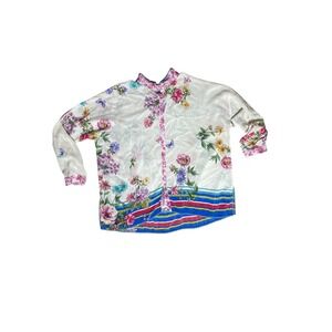 Johnny Was Floral Silk Blouse White Multicolor Boho Top Long Sleeve Women's